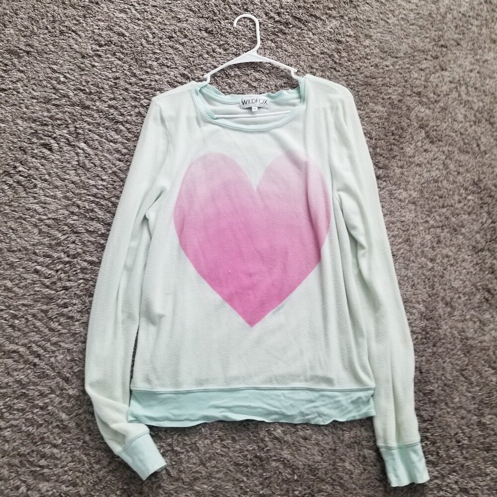 Beautiful Super Soft Wildfox Heart Sweater, Mint Blue and Hot Pink, Size Medium
